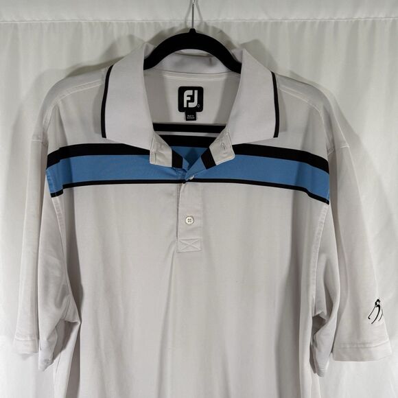FootJoy Polo Men's Large White Blue Striped Short Sleeve Collared Stains - Picture 2 of 13